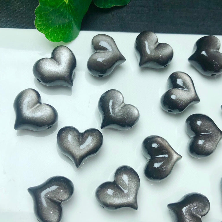 Natural Silver Obsidian Puffy Heart Jewelry Charms Mini Carvings Confetti