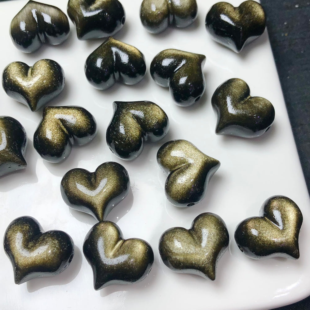 Natural Golden Sheen Obsidian Puffy Heart Jewelry Charms Mini Carvings Confetti