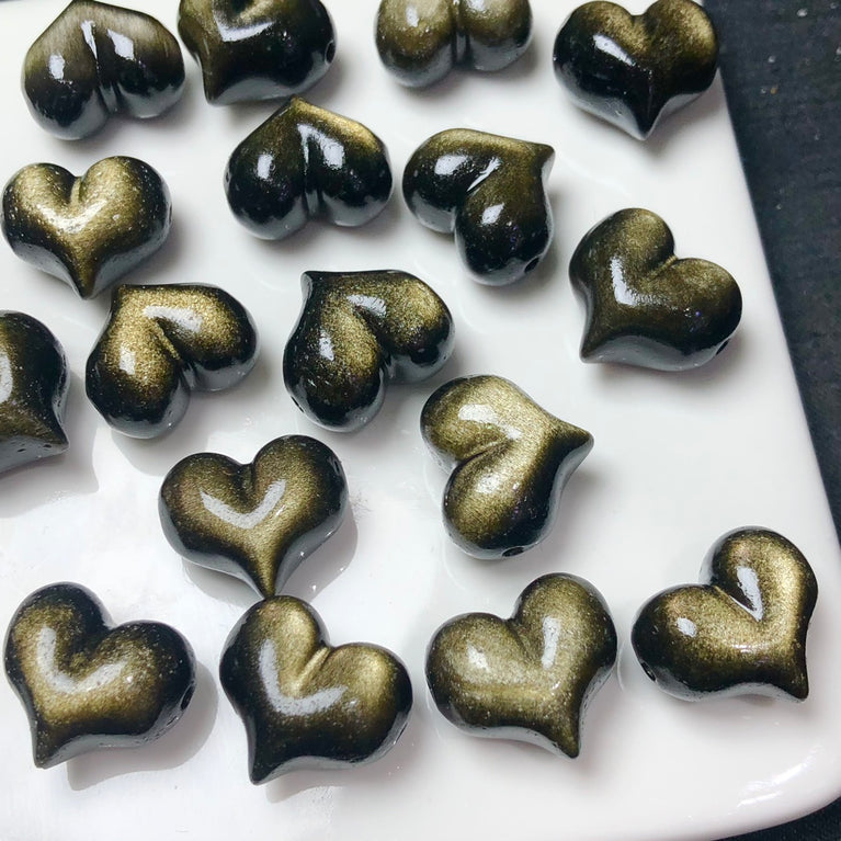 Natural Golden Sheen Obsidian Puffy Heart Jewelry Charms Mini Carvings Confetti