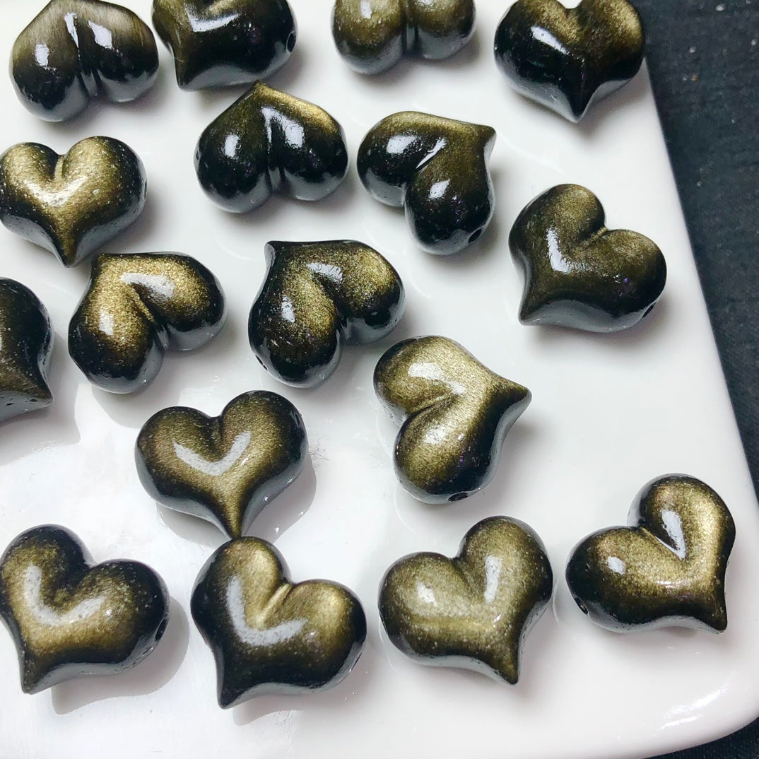 Natural Golden Sheen Obsidian Puffy Heart Jewelry Charms
