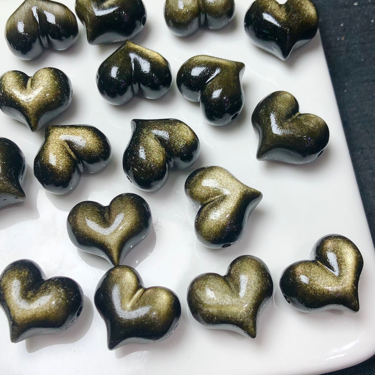 Natural Golden Sheen Obsidian Puffy Heart Jewelry Charms Mini Carvings Confetti