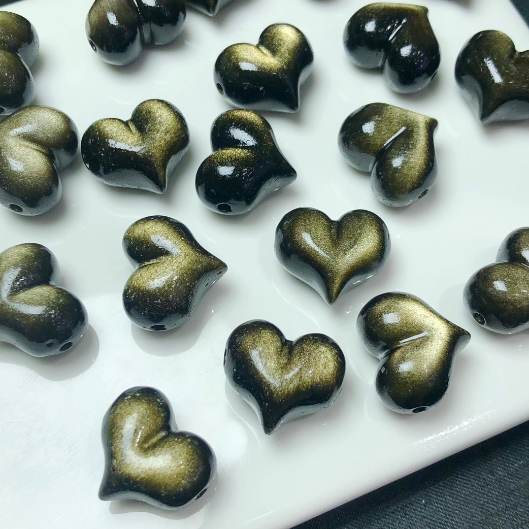 Natural Golden Sheen Obsidian Puffy Heart Jewelry Charms