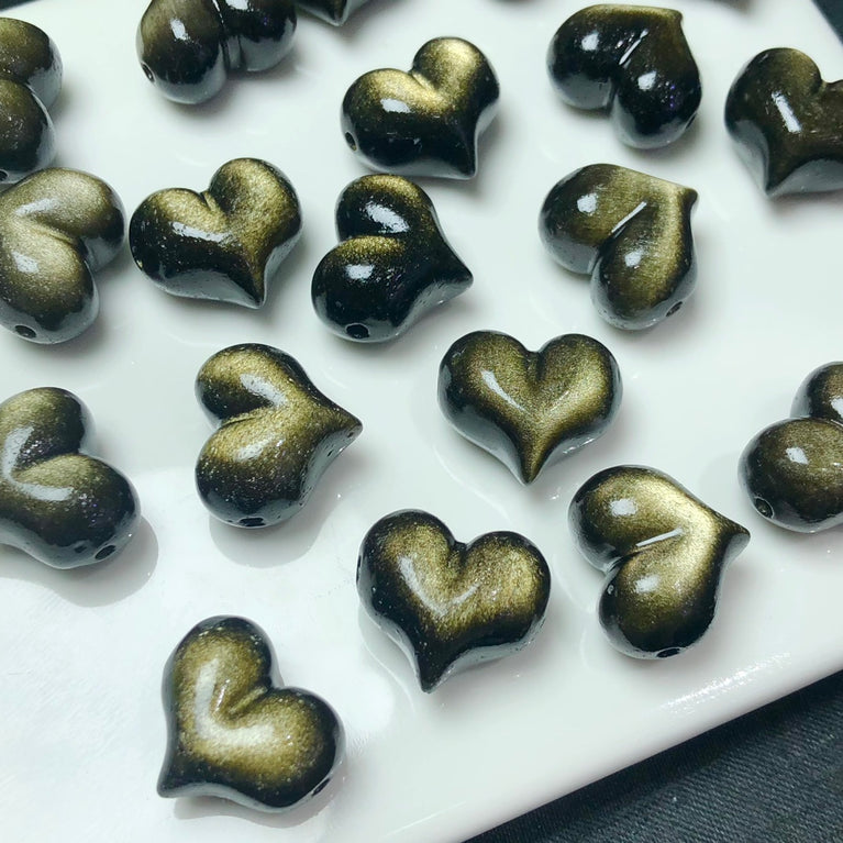 Natural Golden Sheen Obsidian Puffy Heart Jewelry Charms Mini Carvings Confetti