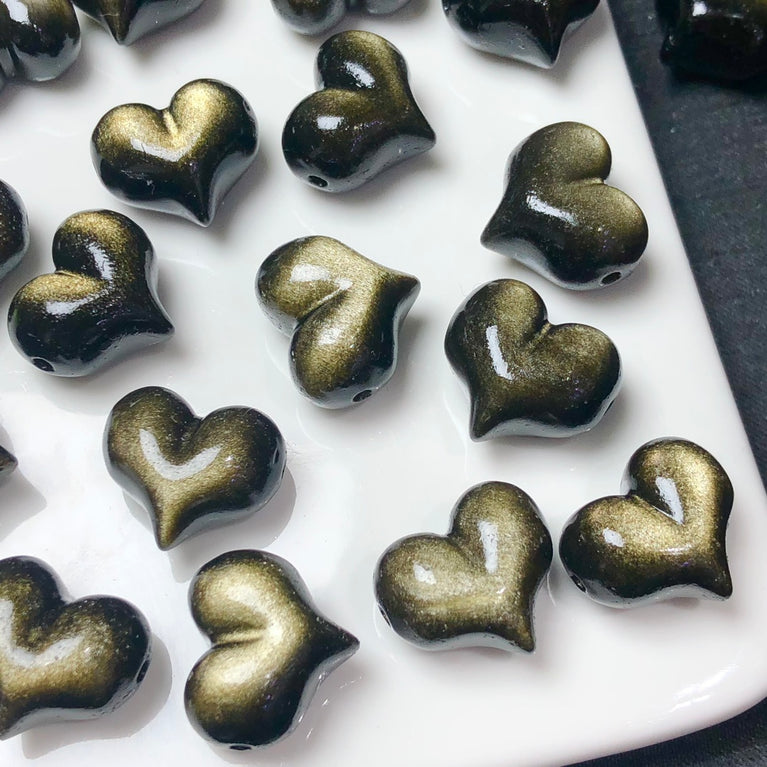 Natural Golden Sheen Obsidian Puffy Heart Jewelry Charms Mini Carvings Confetti