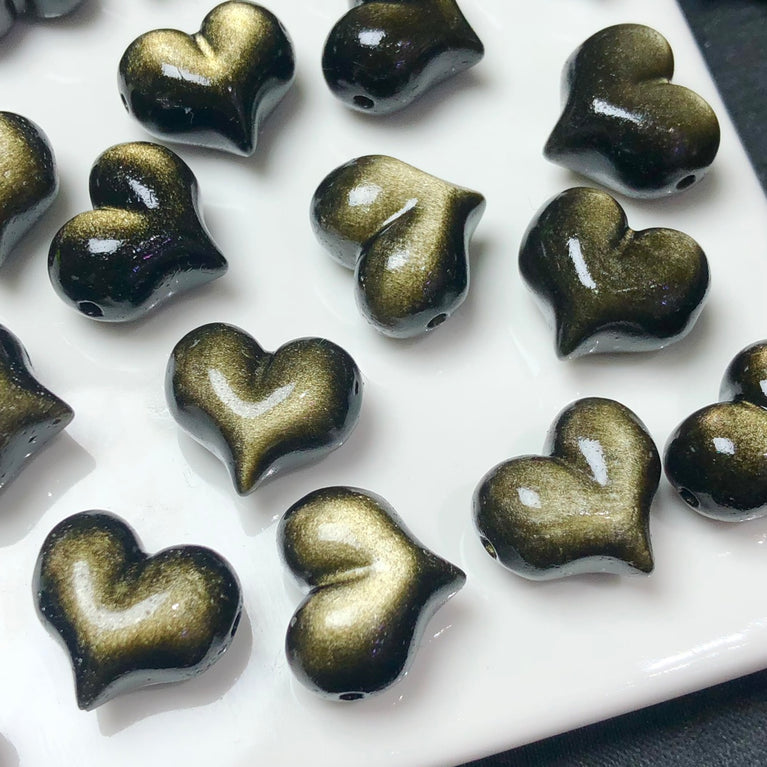 Natural Golden Sheen Obsidian Puffy Heart Jewelry Charms Mini Carvings Confetti