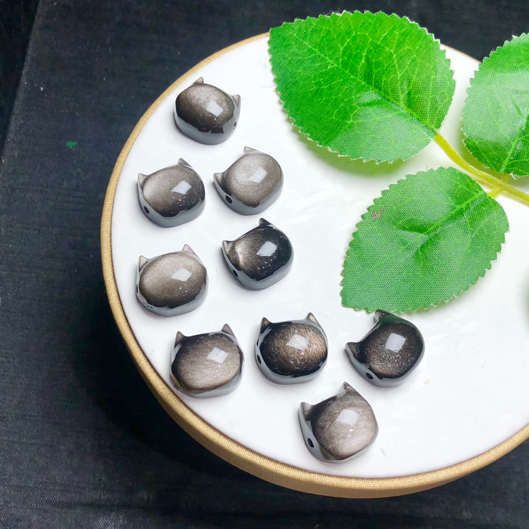 Natural Silver Sheen Obsidian Cat Head Jewelry Charms Beads Pendants