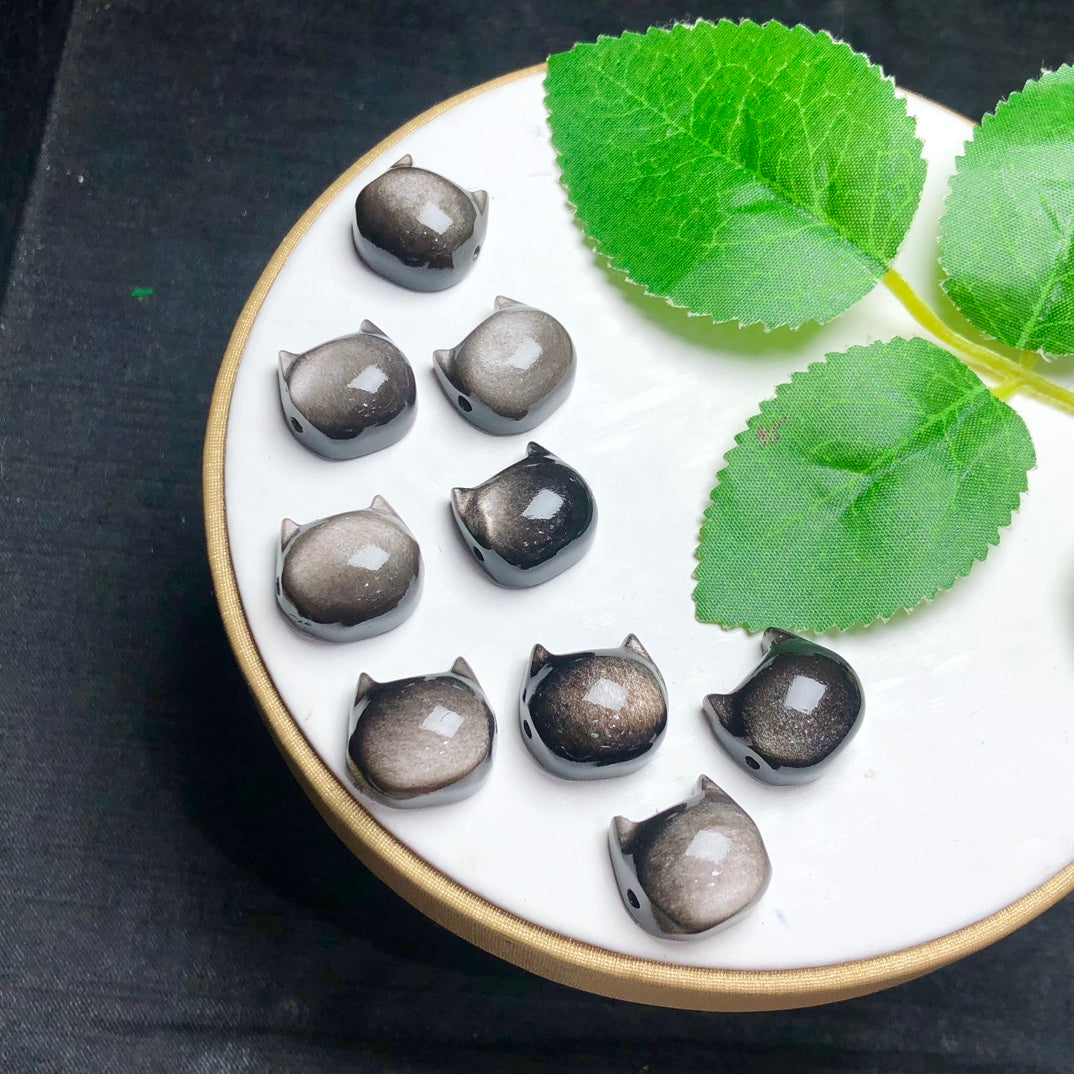 Natural Silver Sheen Obsidian Cat Head Jewelry Charms Beads Pendants