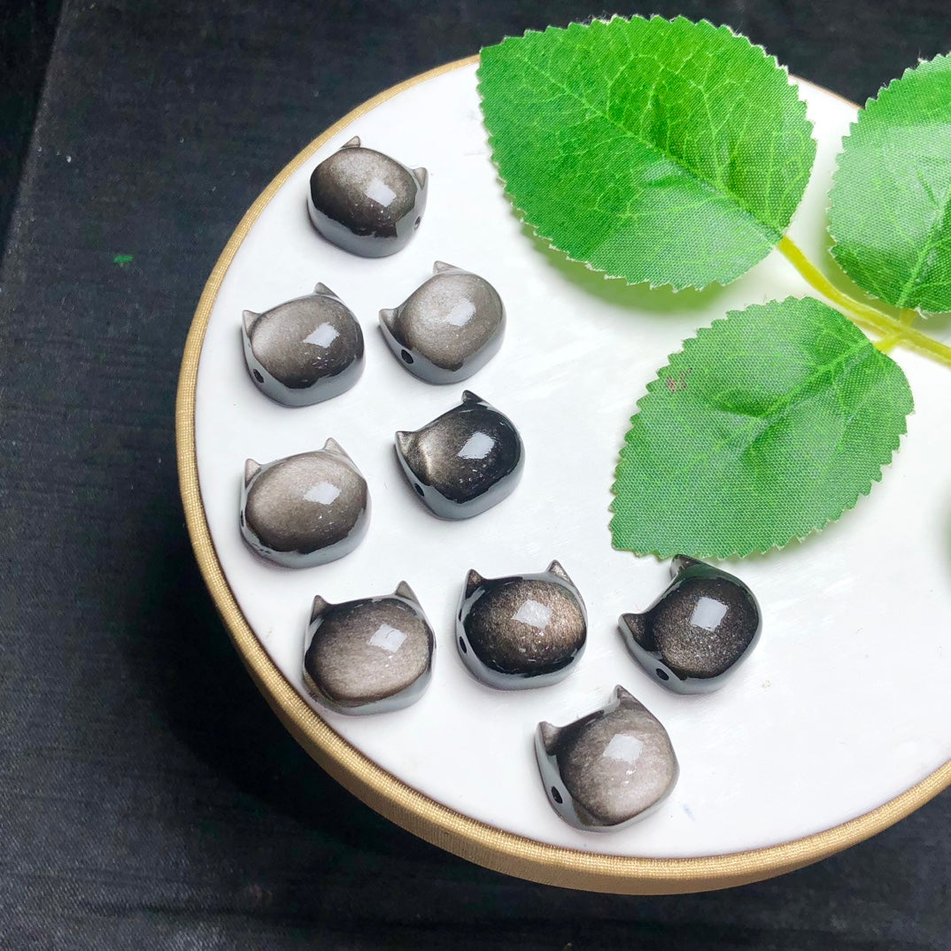 Natural Silver Sheen Obsidian Cat Head Jewelry Charms Beads Pendants