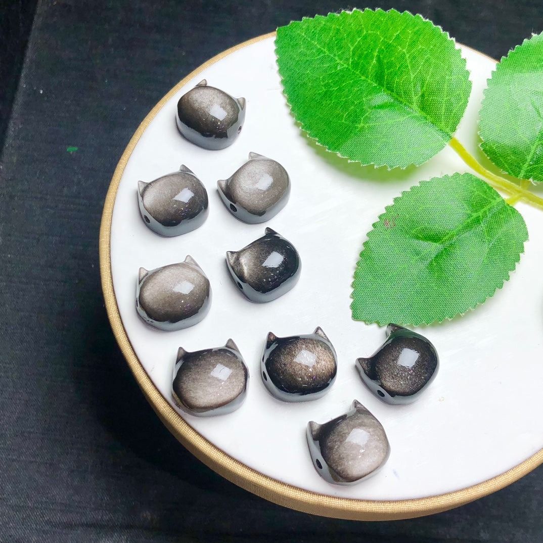 Natural Silver Sheen Obsidian Cat Head Jewelry Charms Beads Pendants