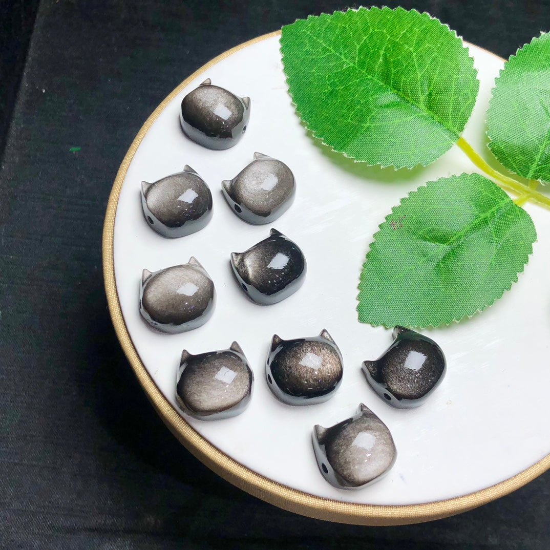 Natural Silver Sheen Obsidian Cat Head Jewelry Charms Beads Pendants