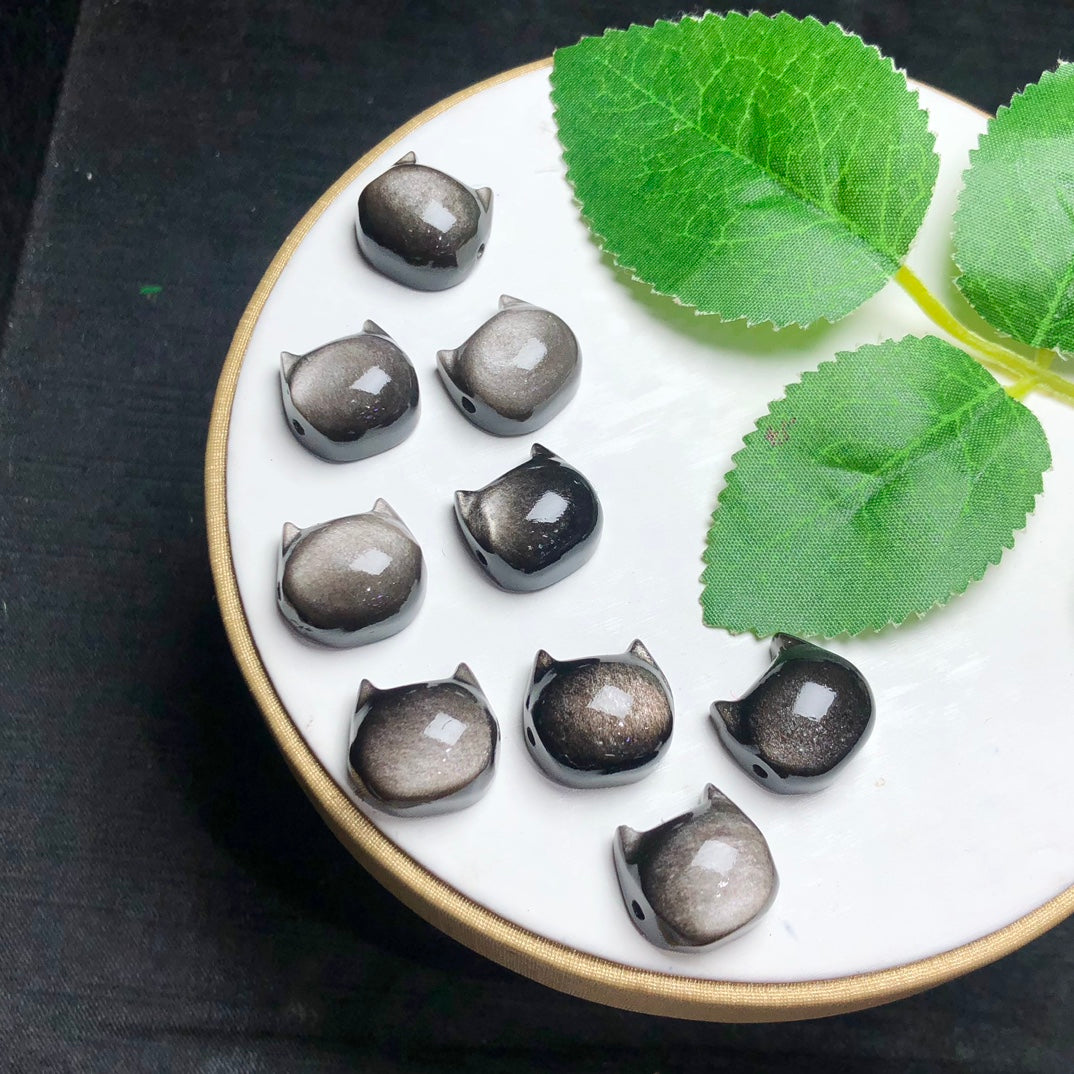 Natural Silver Sheen Obsidian Cat Head Jewelry Charms Beads Pendants