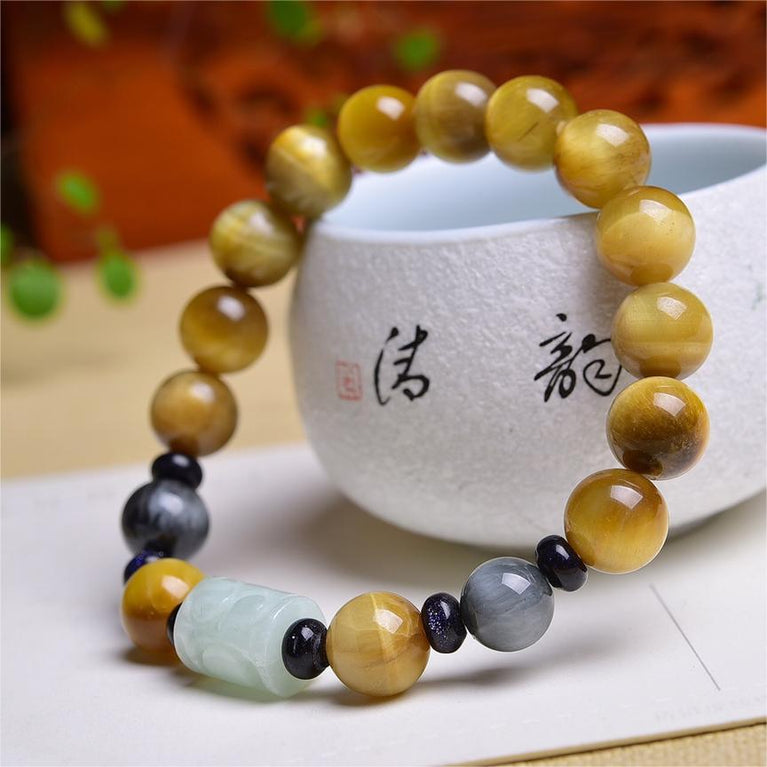 Natural Golden Tiger Eye with Jadeite Hawkeye Stone Designed Bracelet