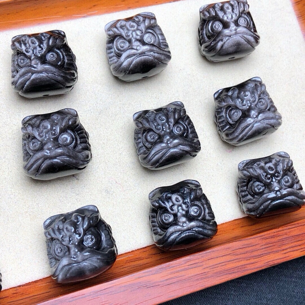 Natural Silver Sheen Obsidian Lion Head Jewelry Charms Beads Pendants