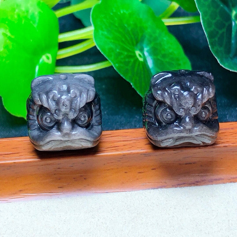 Natural Silver Sheen Obsidian Lion Head Jewelry Charms Beads Pendants