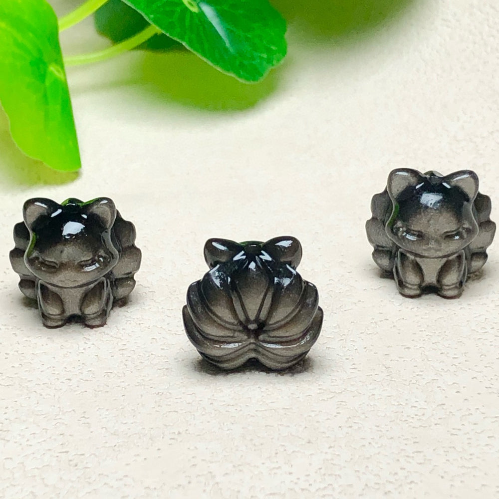 Natural Silver Sheen Obsidian Nine Tail Fox Jewelry Charms Beads Pendants