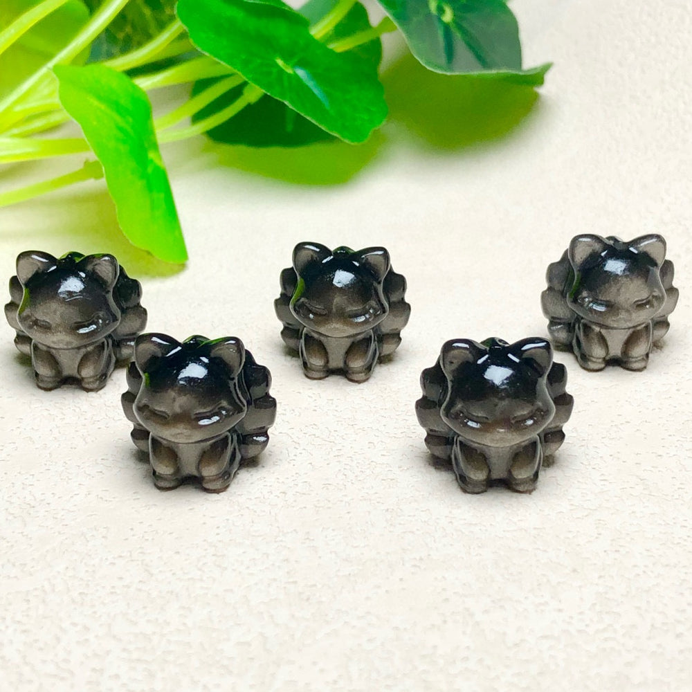 Natural Silver Sheen Obsidian Nine Tail Fox Jewelry Charms Beads Pendants