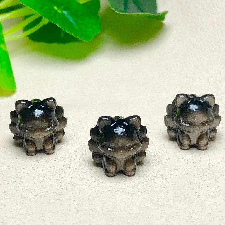 Natural Silver Sheen Obsidian Nine Tail Fox Jewelry Charms Beads Pendants