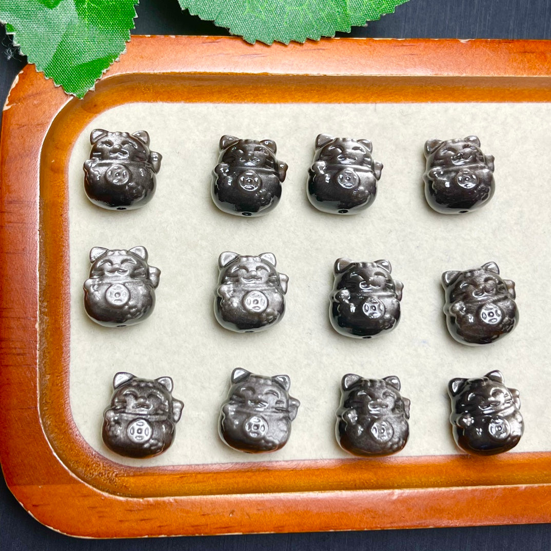 Natural Silver Sheen Obsidian Fortune Cat Jewelry Charms Beads Pendants