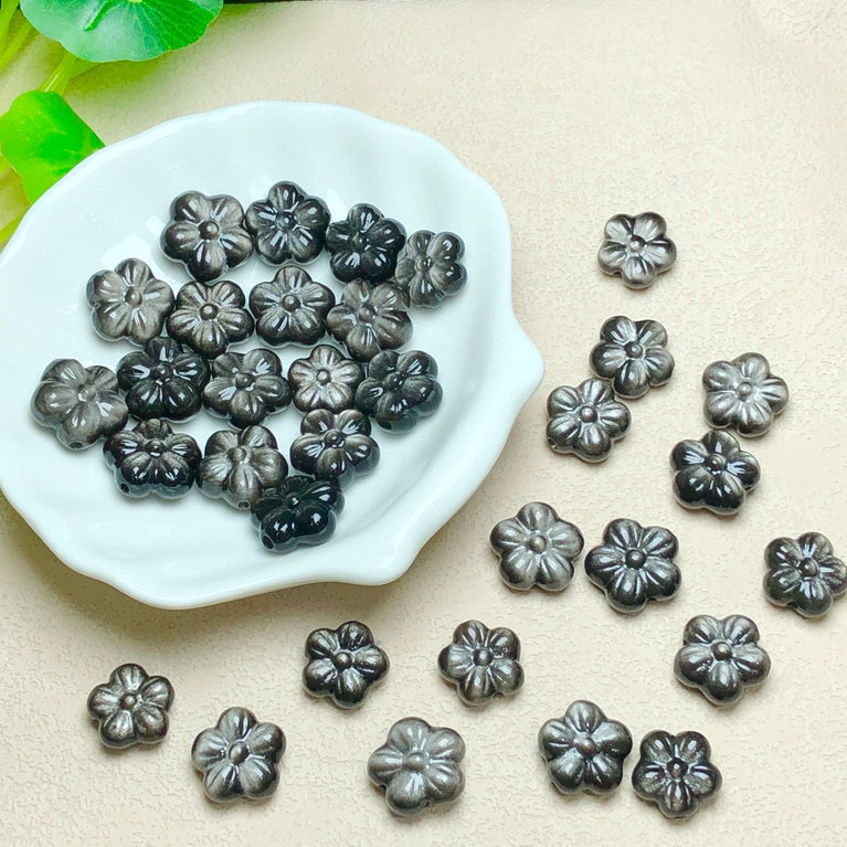 Natural Silver Sheen Obsidian Flower Jewelry Charms Beads Pendants