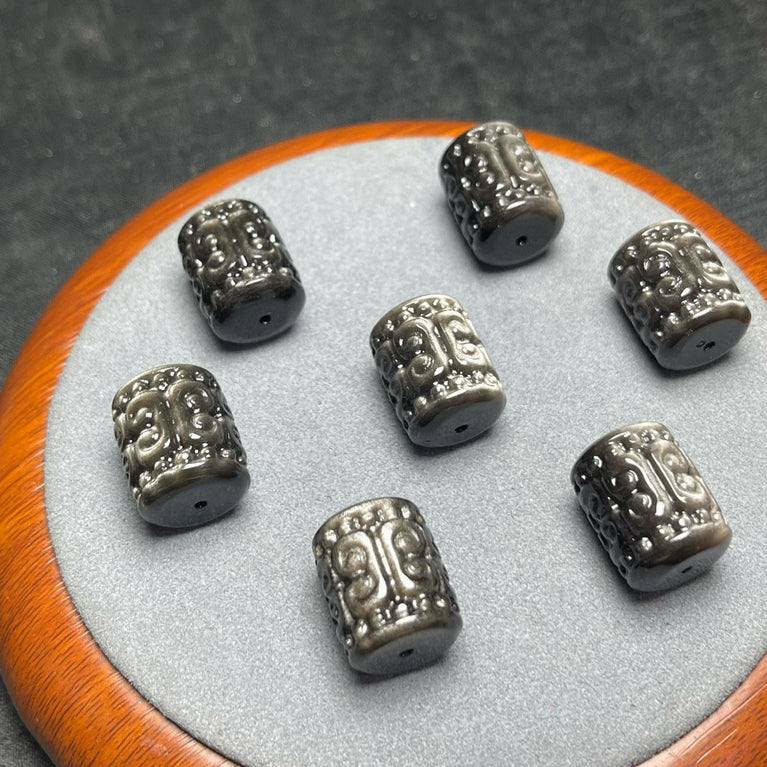 Natural Silver Sheen Obsidian Carved Barrel Beads Jewelry Charms Beads Pendants