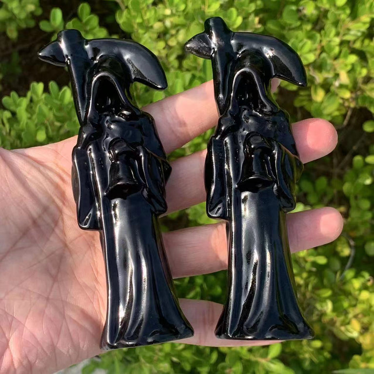 12CM Black Obsidian Reaper Carving Natural Crystal