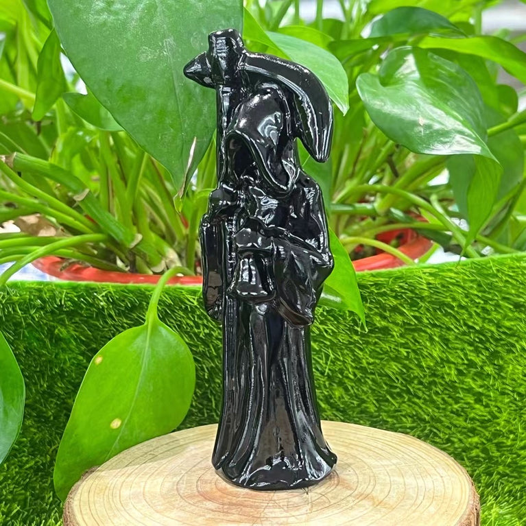 12CM Black Obsidian Reaper Carving Natural Crystal