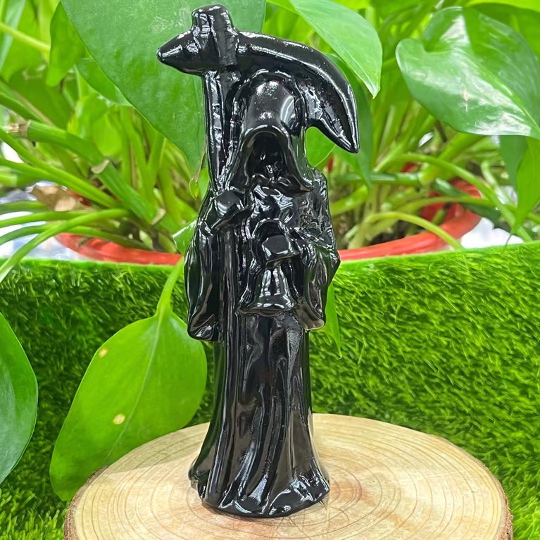 12CM Black Obsidian Reaper Carving Natural Crystal