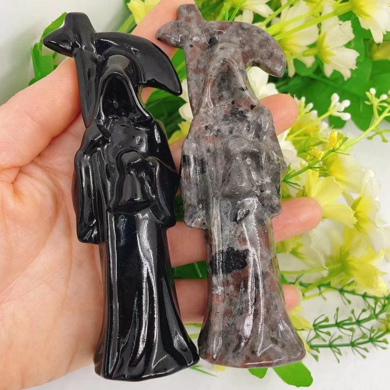 12CM Black Obsidian Reaper Carving Natural Crystal