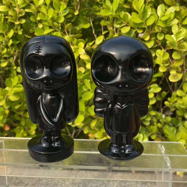 10CM Black Obsidian Jack and Sally Natural Crystal Carving