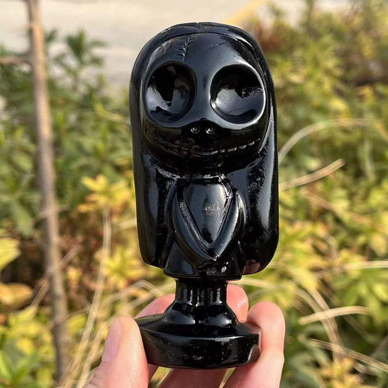 10CM Black Obsidian Jack and Sally Natural Crystal Carving