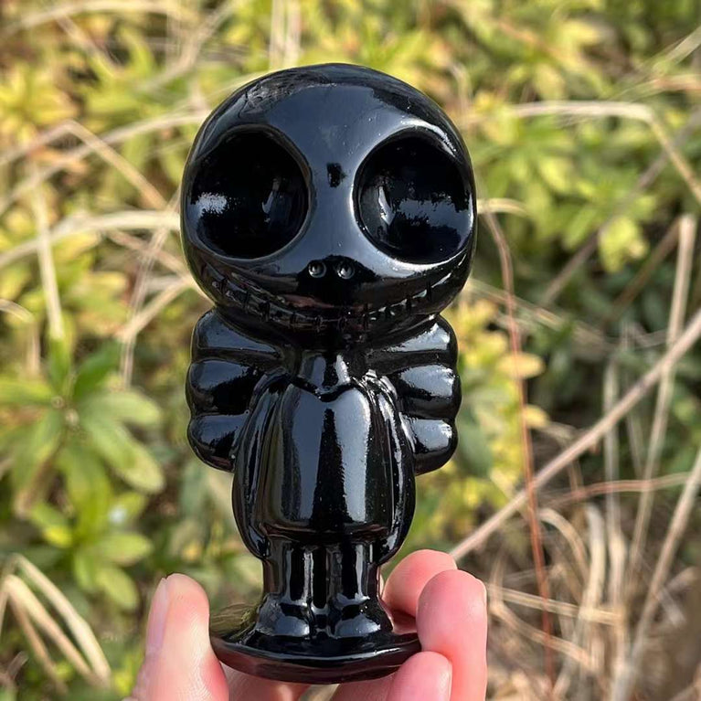 10CM Black Obsidian Jack and Sally Natural Crystal Carving