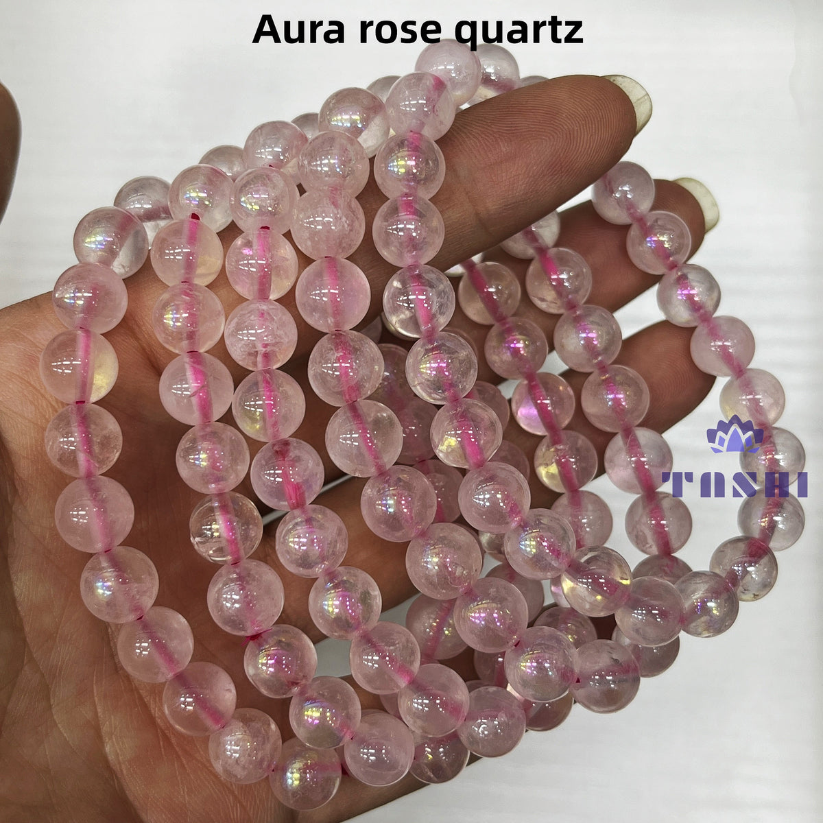 8mm Aura Rose Quartz Bracelets Round Beaded Bracelets Stretch Beads