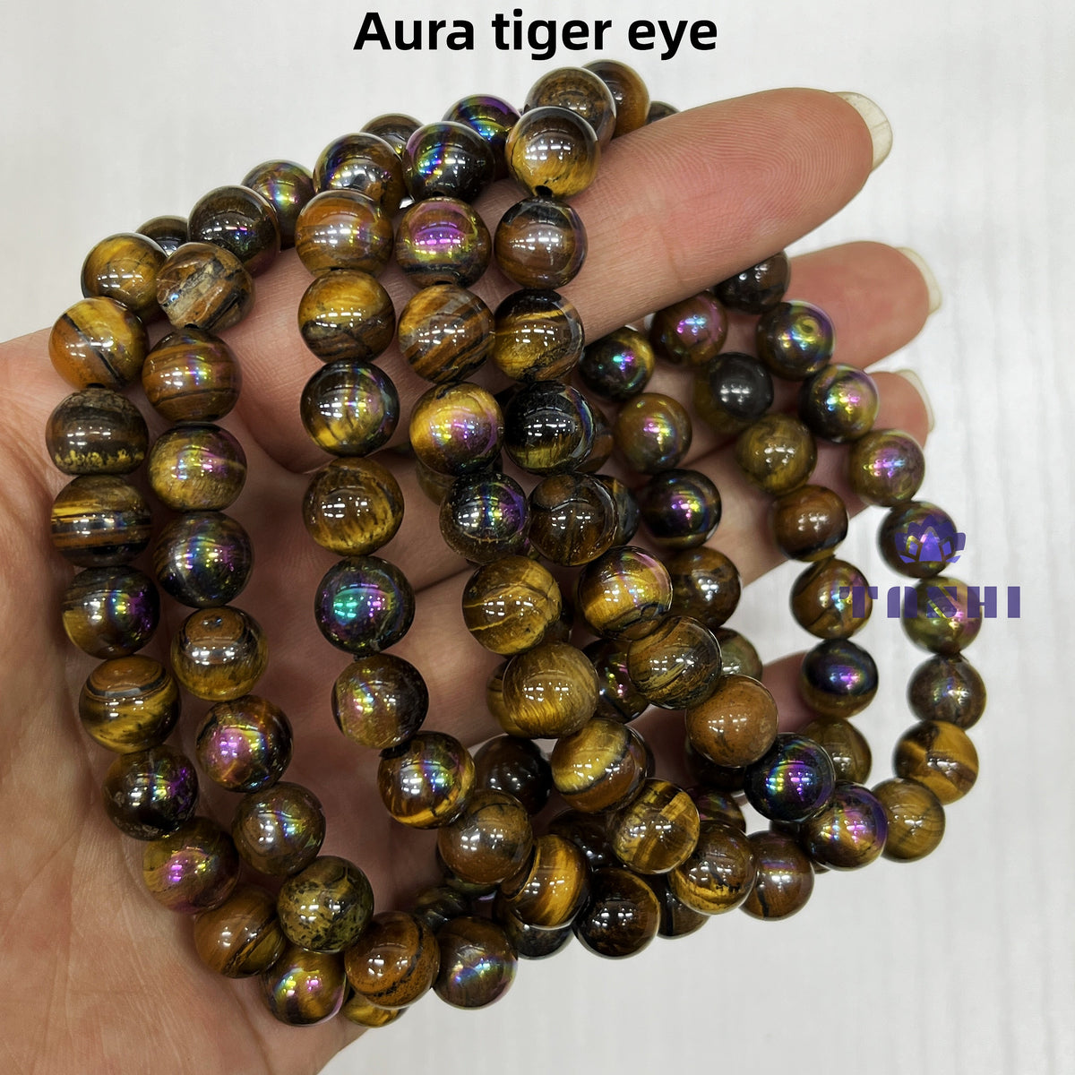 8mm Aura Tiger Eye Bracelets Round Beaded Bracelets Stretch Beads