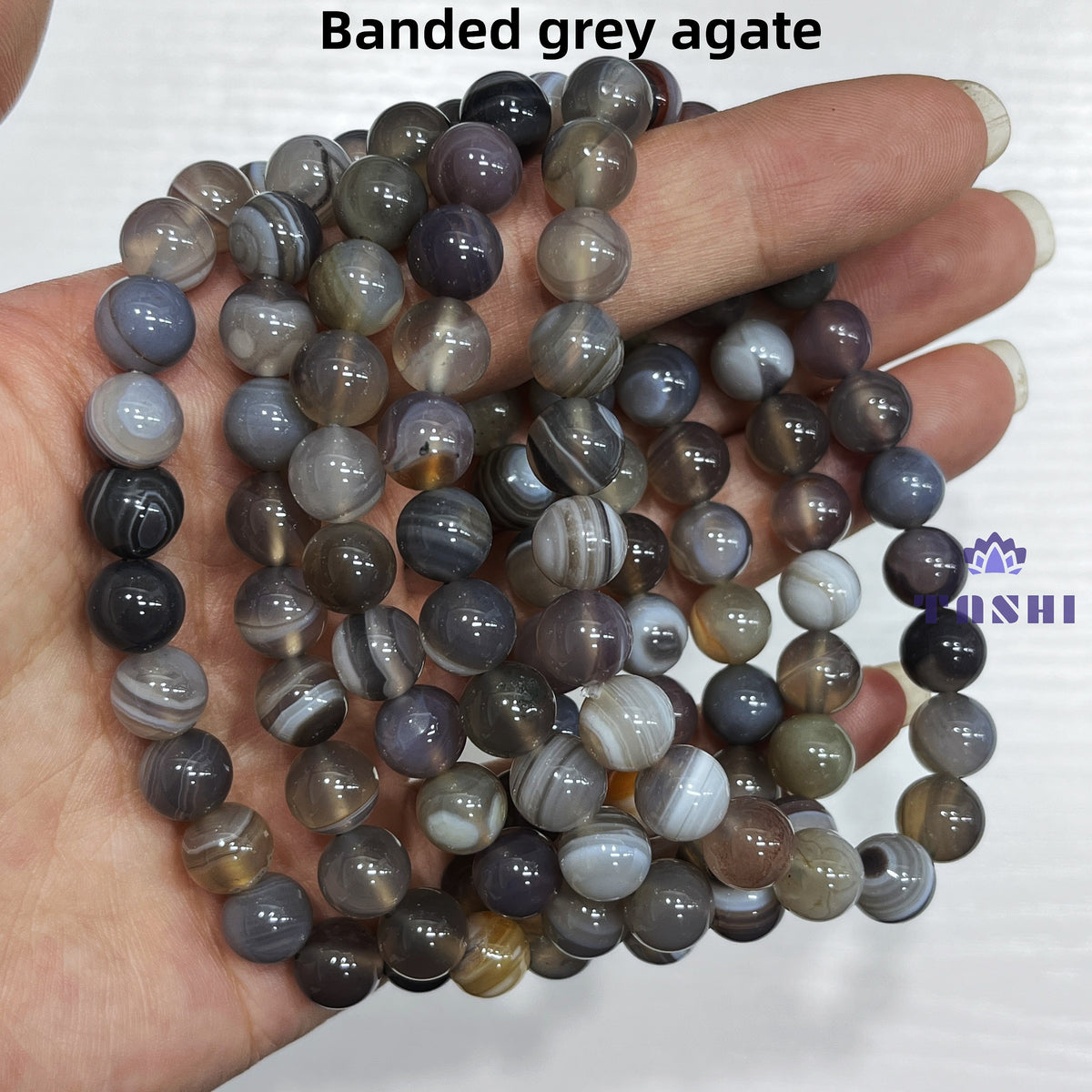 8mm Grey Banded Agate Bracelets Round Beaded Bracelets Stretch Beads