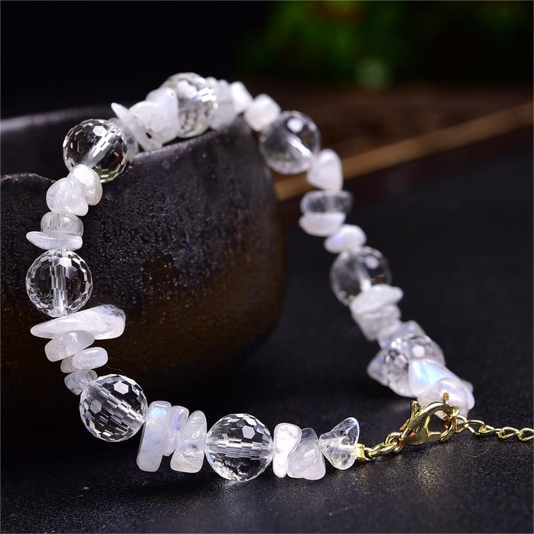 Natural Rainbow Moonstone with Faceted Clear Quartz Designed Bracelets