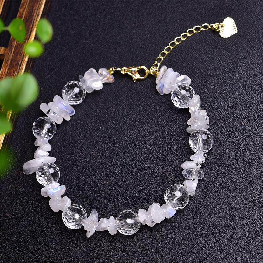 Natural Rainbow Moonstone with Faceted Clear Quartz Designed Bracelets