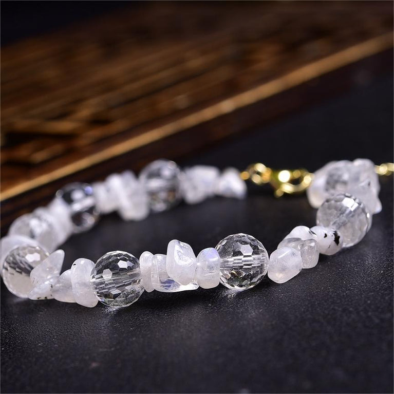 Natural Rainbow Moonstone with Faceted Clear Quartz Designed Bracelets