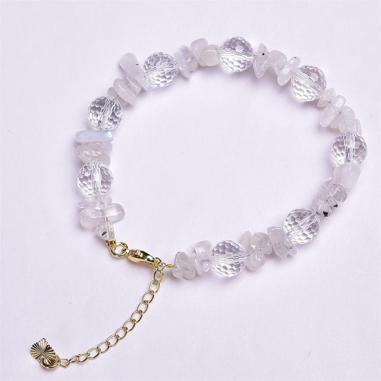 Natural Rainbow Moonstone with Faceted Clear Quartz Designed Bracelets