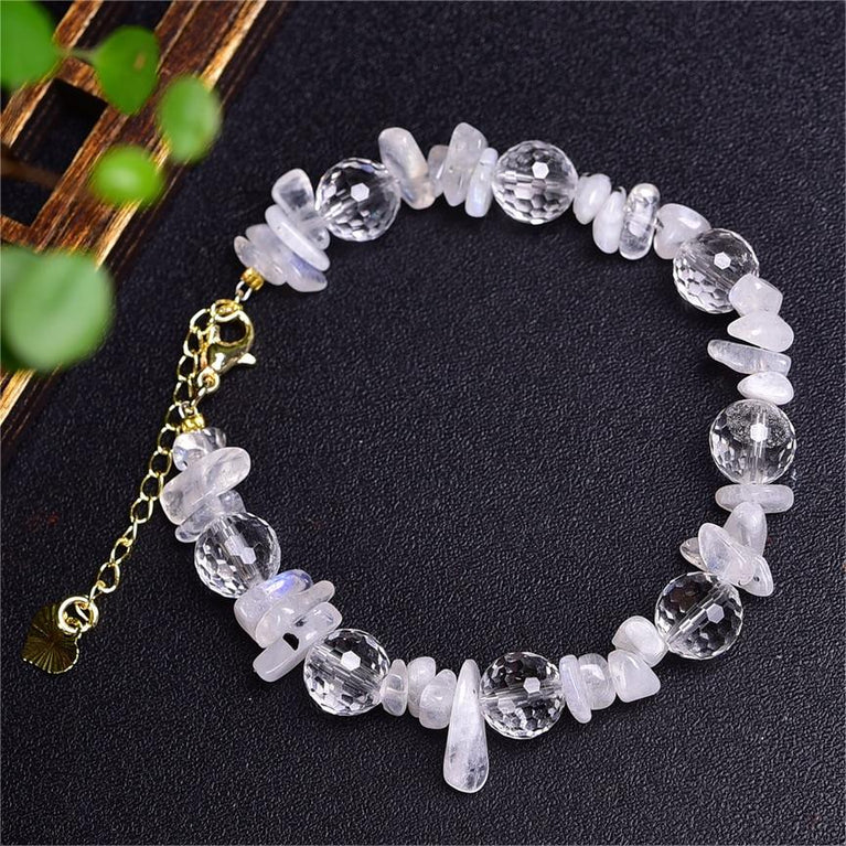 Natural Rainbow Moonstone with Faceted Clear Quartz Designed Bracelets