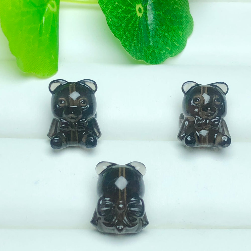 Natural Icy Obsidian Bear with Bowtie Jewelry Charms Beads Pendants