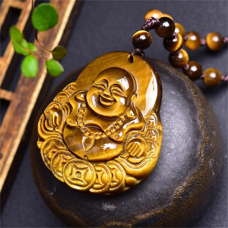 Natural High Quality South African Yellow Tiger Eye Laughing Buddha Necklace