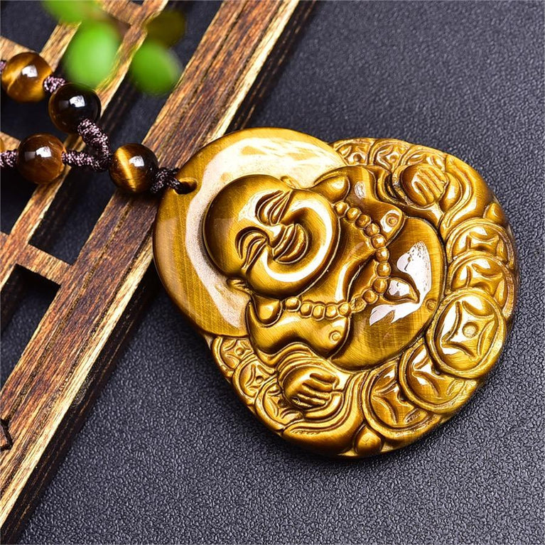 Natural High Quality South African Yellow Tiger Eye Laughing Buddha Necklace