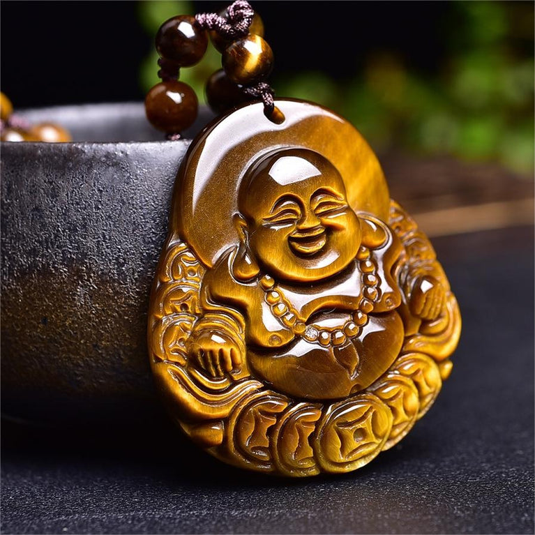 Natural High Quality South African Yellow Tiger Eye Laughing Buddha Necklace