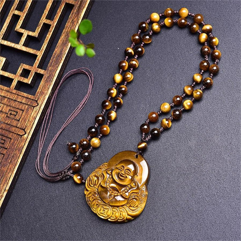 Natural High Quality South African Yellow Tiger Eye Laughing Buddha Necklace