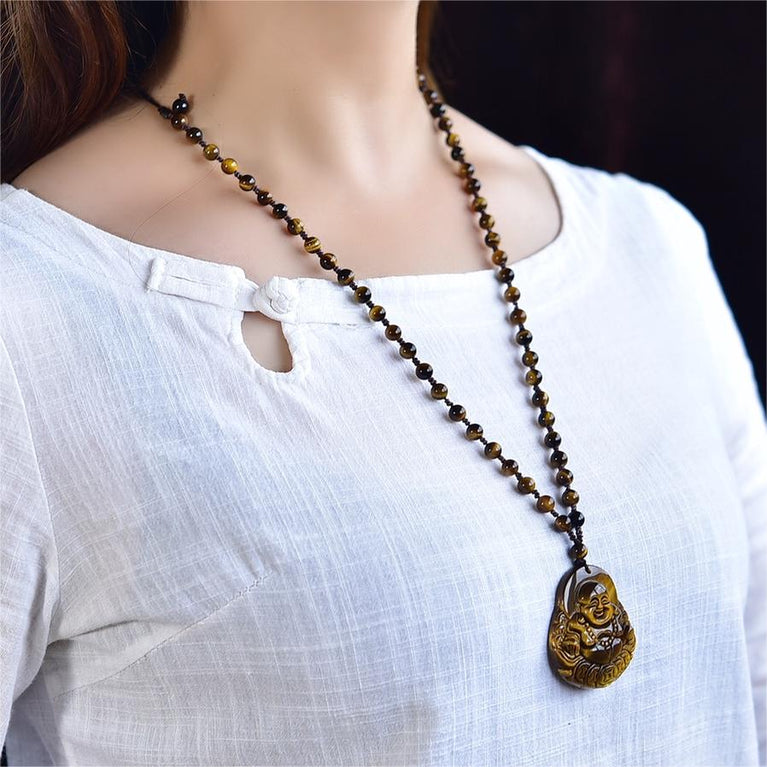 Natural High Quality South African Yellow Tiger Eye Laughing Buddha Necklace