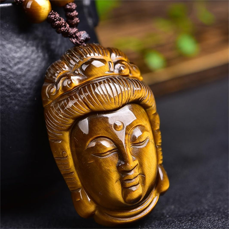 Natural High Quality South African Yellow Tiger Eye Guanyin Kwan Yin Necklace