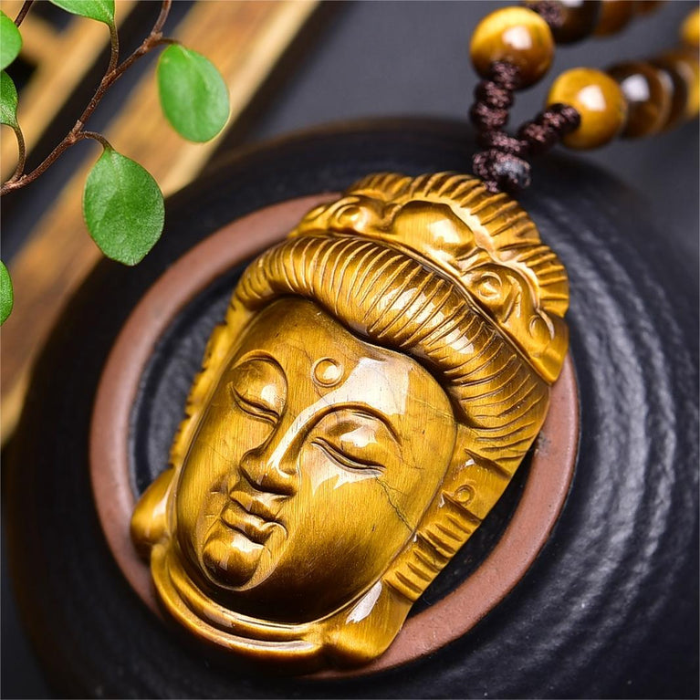 Natural High Quality South African Yellow Tiger Eye Guanyin Kwan Yin Necklace