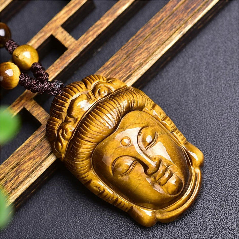 Natural High Quality South African Yellow Tiger Eye Guanyin Kwan Yin Necklace