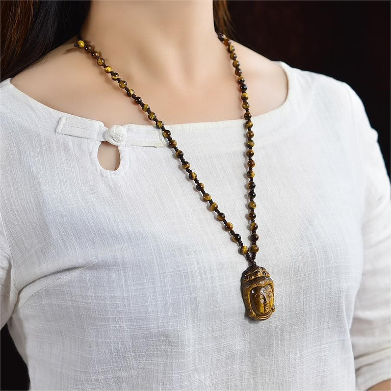 Natural High Quality South African Yellow Tiger Eye Guanyin Kwan Yin Necklace