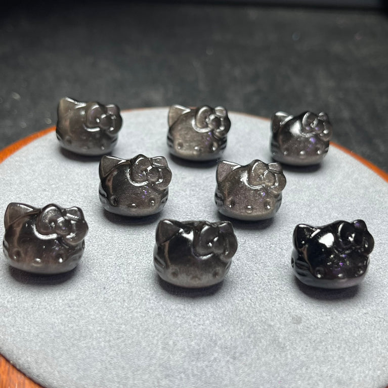 Natural Silver Sheen Obsidian Hello Kitty Head Jewelry Charms Beads Pendants